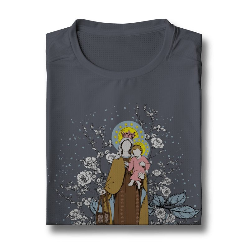 Camiseta cinza chumbo com estampa de Nossa Senhora do Carmo