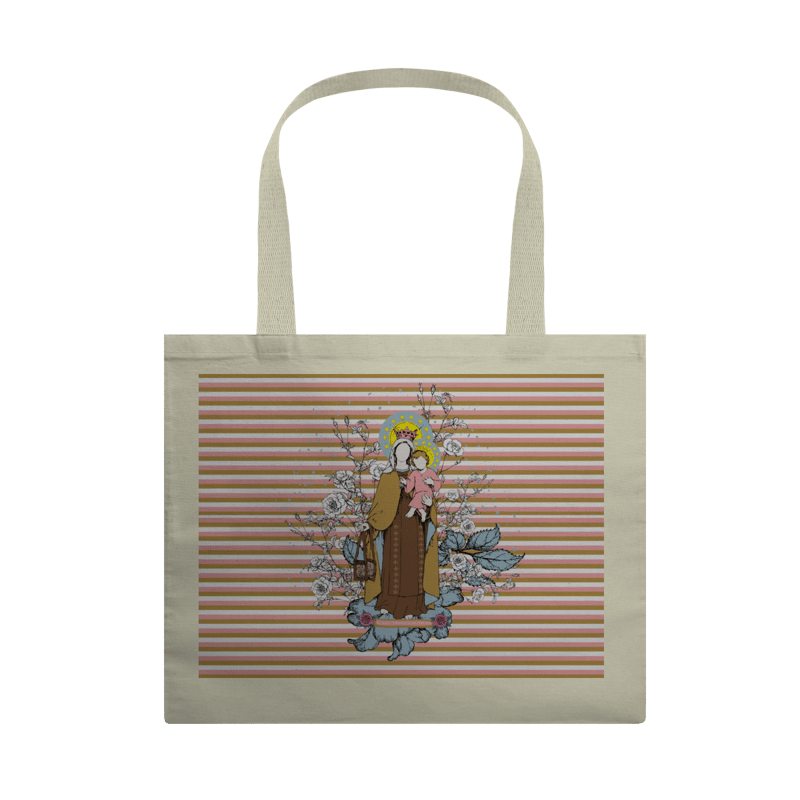 Ecobag crua com listras e estampa de Nossa Senhora do Carmo